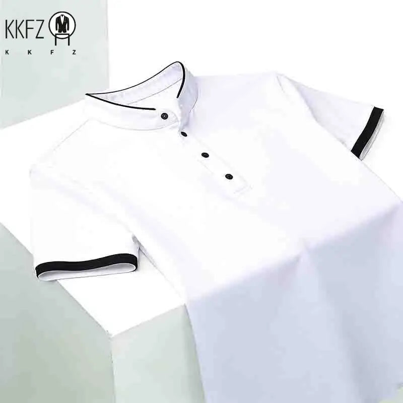 Men's Solid Black Stand Collar Short Sleeve Polo Shirt Half Button Pocket-free Casual Business Tee