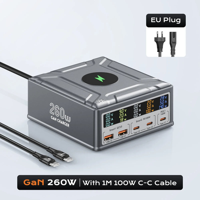 ឆ្នាំងសាកឥតខ្សែ USB C GaN 260W QC3.0 PD3.1 ស្ថានីយសាកថ្មលឿន PPS 140W សម្រាប់ iPhone 16 15 MacBook Pro Samsung Laptop ឆ្នាំងសាកឥតខ្សែ