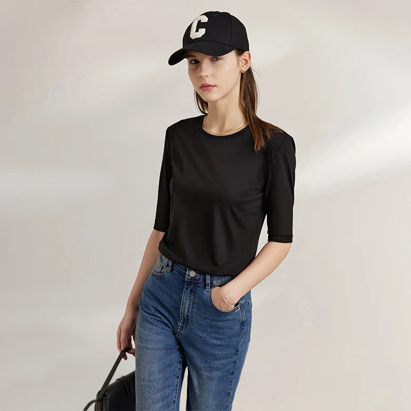 អាវយឺត AMII Minimalism រដូវស្លឹកឈើជ្រុះឆ្នាំ ២០២៤ សម្រាប់ស្ត្រី អាវកប្បាសថ្មី លាតពាក់កណ្តាលដៃ ត្រង់ មូលដ្ឋានរឹង អាវការិយាល័យនារី 12412016