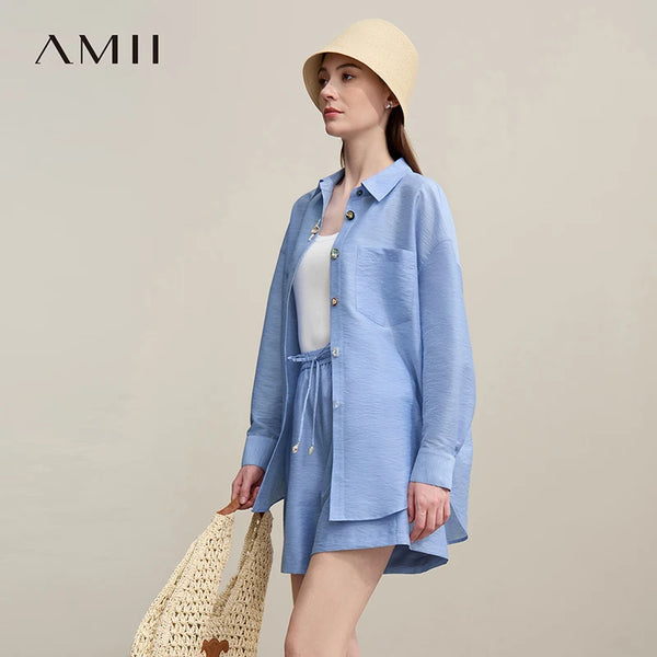 អាវធម្មតាសម្រាប់នារី Amii ឆ្នាំ២០២៦ រដូវក្តៅថ្មី រចនាប័ទ្មថ្ងៃឈប់សម្រាក ខោខ្លីដាច់ដោយឡែក ដៃវែង អាវតែមួយ ខោខ្លីរលុង 12652027