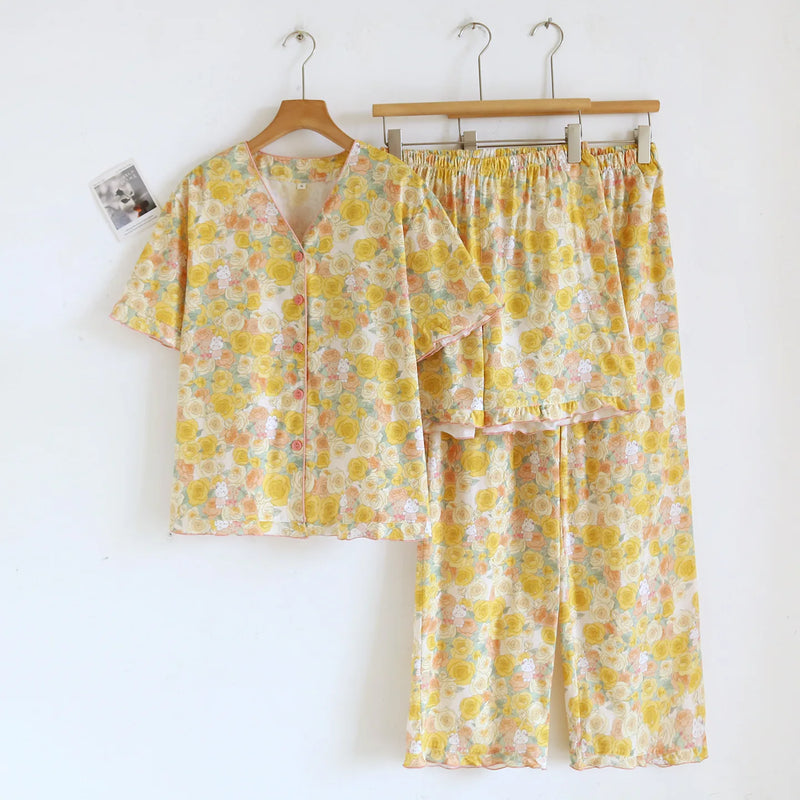 Floral Pajama Set Woman New Summer V-neck Short Sleeve Sleepwear Women's Cotton Home Wear Thin Casual 3 Piece Loungewear Suit