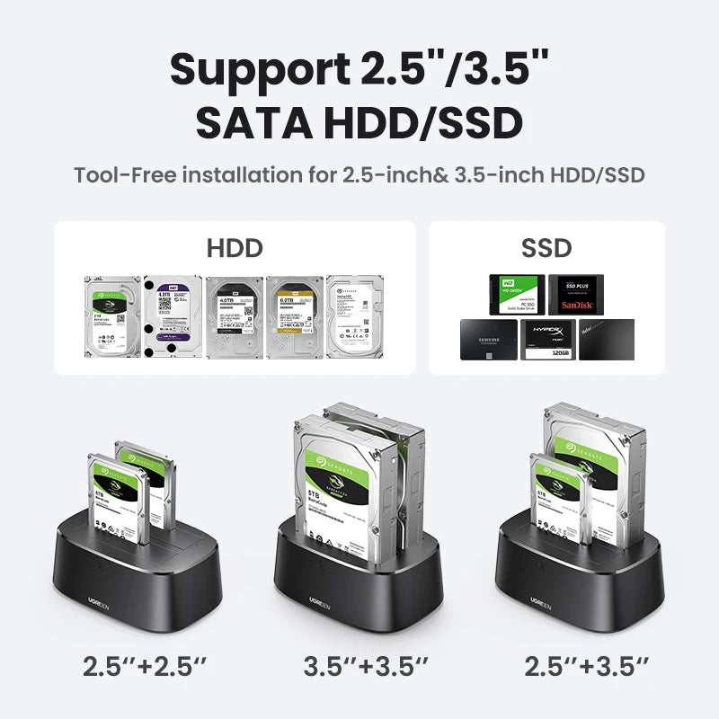 UGREEN Dual Bay HDD Docking Station SATA to USB 3.0 Adapter for 2.5 3.5 SSD Disk Case Dock Hard Drive Enclosure Docking Station