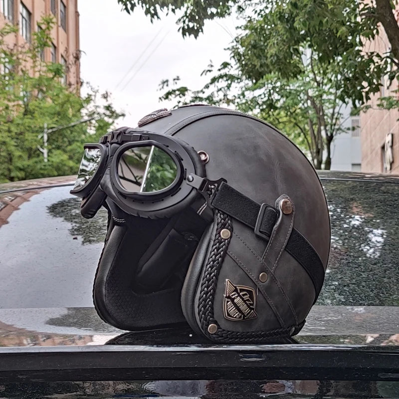 High quality PU leather retro 3/4 motorcycle helmet, suitable for scooters, cruising motorcycles, and half helmets