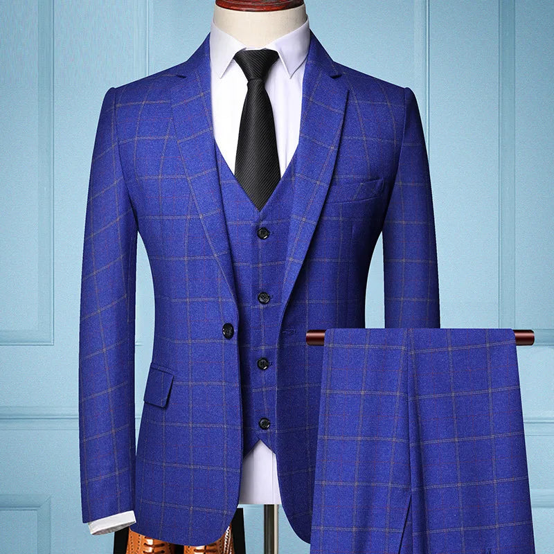2026 New Men's Blue Three-Piece Suit Set: Black-and-Gray Checkered Jacket with Vest and Trousers, Slim-Fit Suit in Asian Sizes.