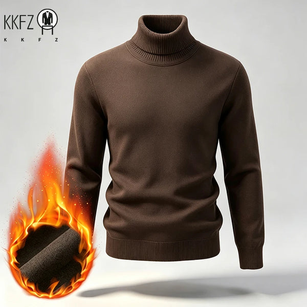 Men Fleece Lined Turtleneck Knit Sweater Ribbed Cuff Thermal Pullover For Winter Urban Daily Commute And Street Casual Outfits