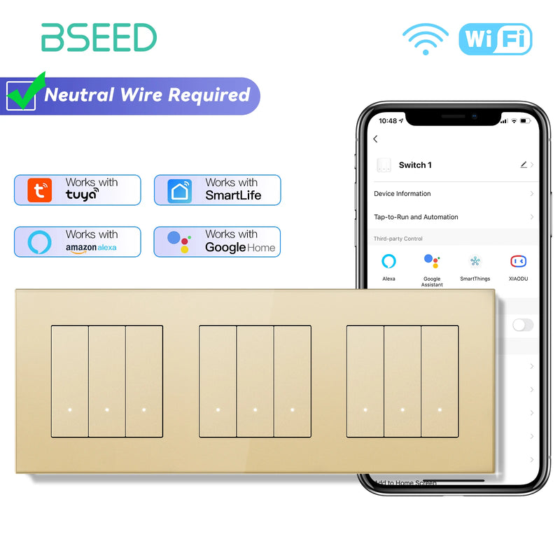 BSEED WIFI Smart Push Button Switch 1/2/3/4Gang 2Way APP Remote Control Glass Panel LED Indicator Tuya Smart Life Alexa Control
