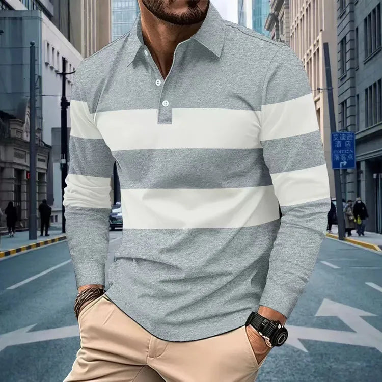 Long-Sleeve Polo Shirt Men's, Black White Stripe, Casual Spring Autumn, S-3XL