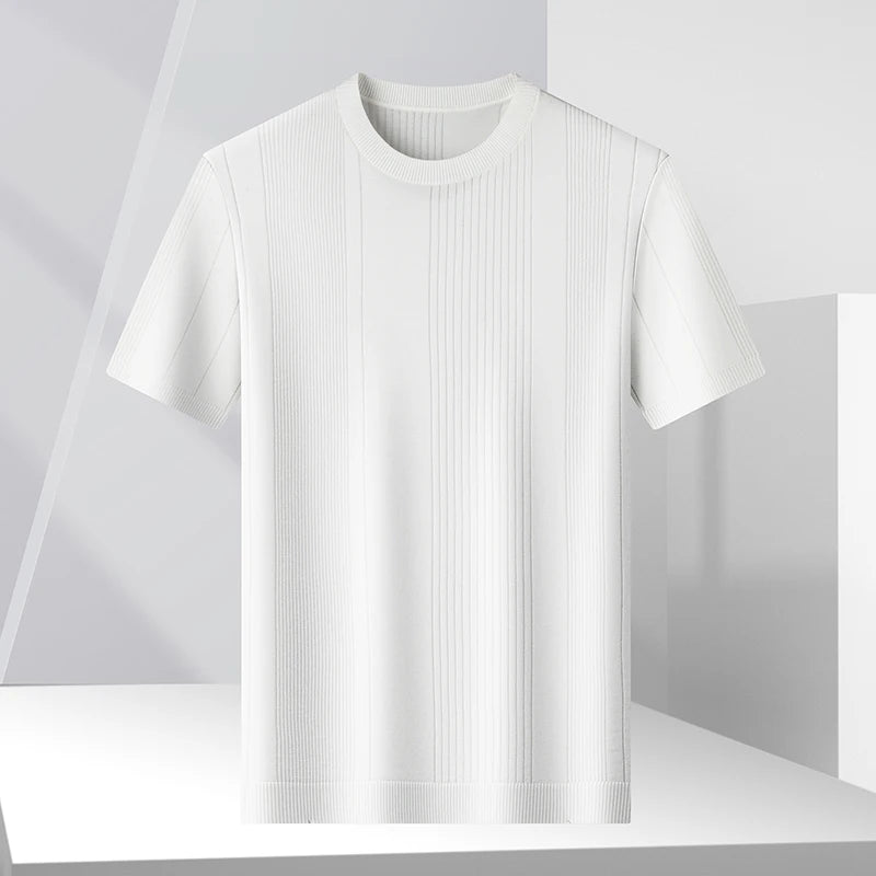 Men's Summer Short Sleeve Round Neck Linen Silk Knitted Sweater Old Money Style Breathable Slim Fit