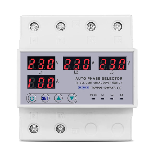 TOMZN 100A63A 3 phase 3P+N Din rail phase selector adjustable Over and Under Voltage current protection Monitor Relays Protector