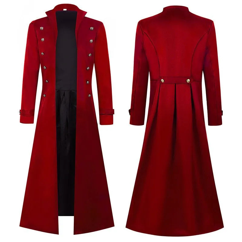 2026 New Steampunk Red Men's Vintage Long Jacket, Black Gothic Trench Coat, Blue Stage Performance Overcoat.