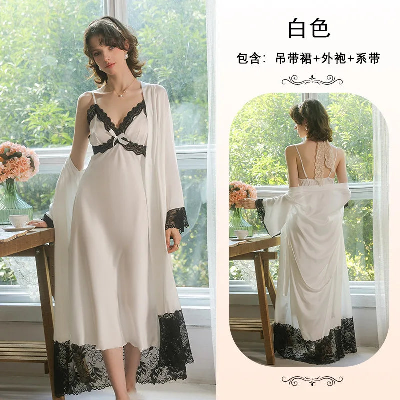 Fashion Satin Suspender Night Dress Sexy Lingerie Sleeping Set Sleepwear Women's Pajamas And Robes Nightwear For Woman Suit
