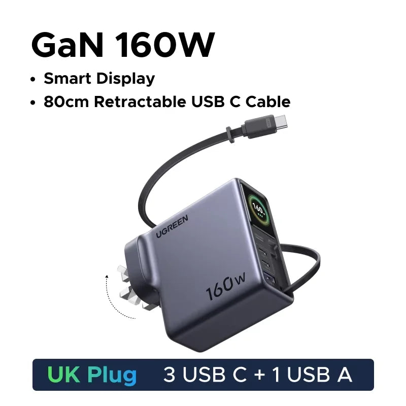 UGREEN 160W Smart Display GaN Charger With Retractable Cable AVS PD 3.1 QC4.0 EU Foldable For MacBook Pro Laptop iPhone Samsung