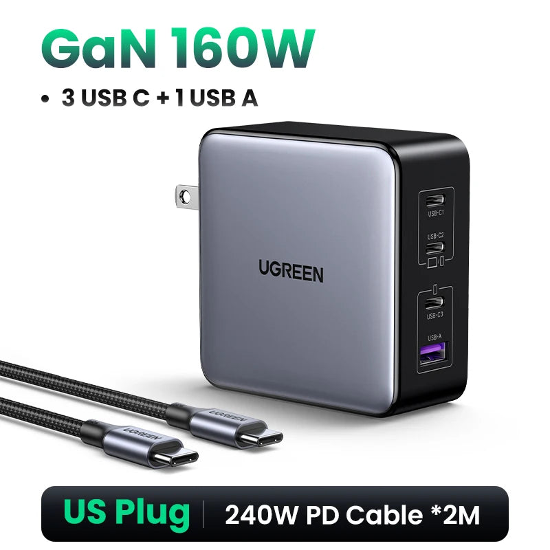 UGREEN 160W GaN Charger PD3.1 Type C For Macbook Pro Laptop USB Fast Charger QC4.0 3.0 Quick Charge For iPhone 18 Xiaomi Tablet