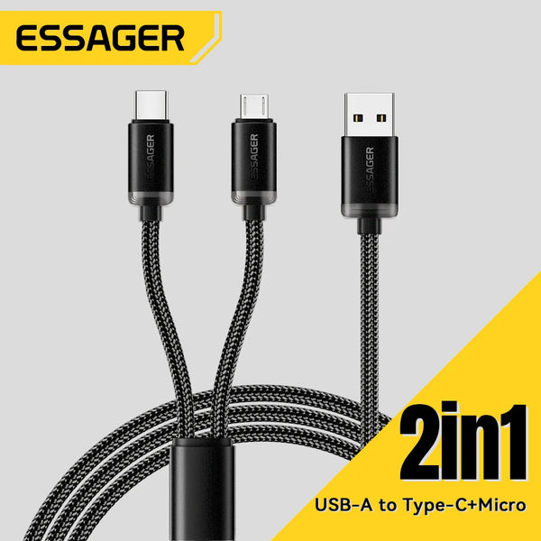 ខ្សែសាក Essager 2 ក្នុង 1 USB Type C Micro សម្រាប់ Xiaomi Redmi Samsung Huawei 2A ខ្សែសាកទិន្នន័យលឿនទូរស័ព្ទចល័ត USB ខ្សែសាក