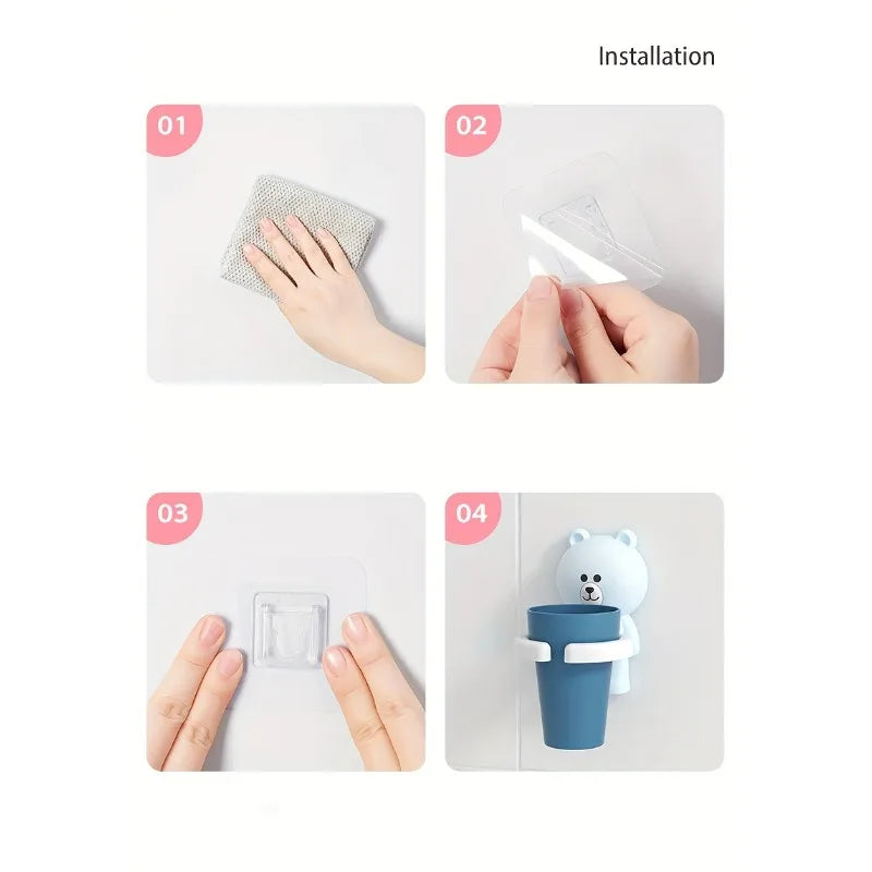 1pc Adorable Bear Wall-Mounted Toothbrush Holder with Gargle Cup,No Drill,Space-Saving,Bathroom Organizer.Tooth cup holder.