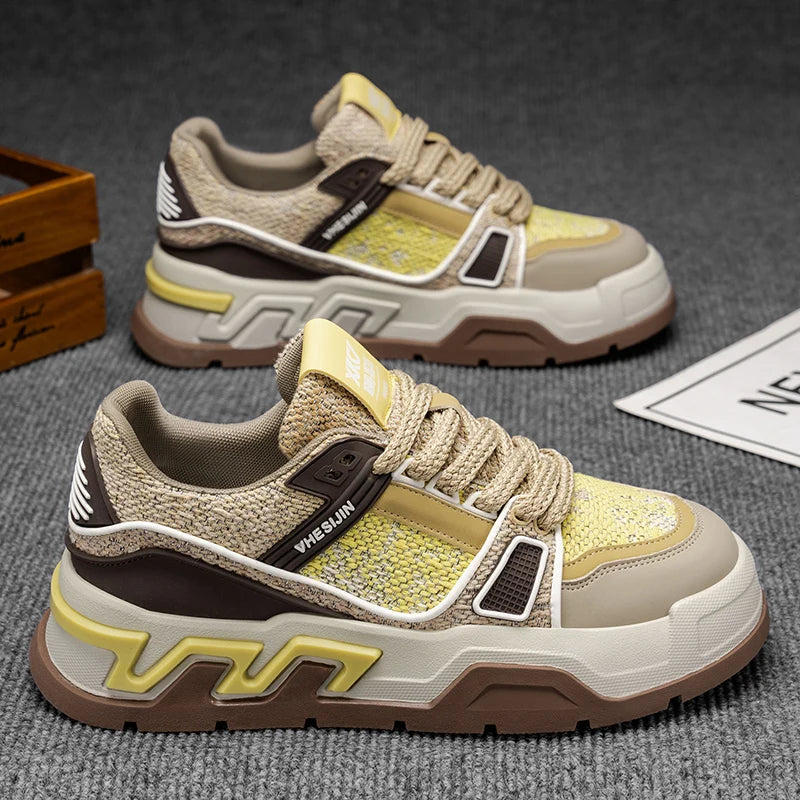 Mens Board Shoes 2025 New Flat Mesh Breathable Thick Soled Height Increasing Trendy Street Casual Sports Mens Sneakers