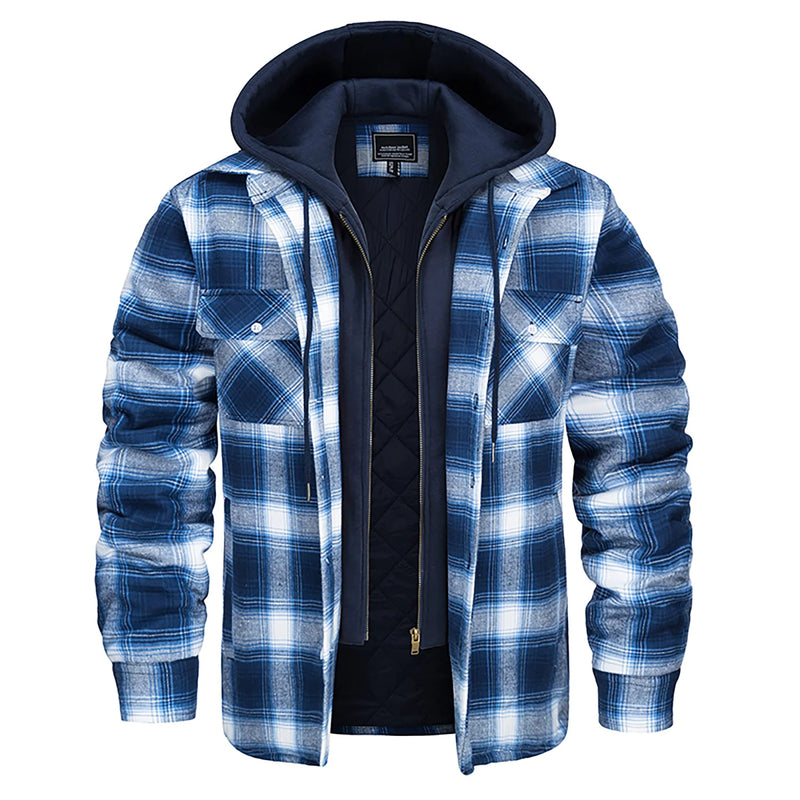 TACVASEN Men's Cotton Flannel Shirt Button Down Plaid Shirts with Hood Quilted Lined Casual Shacket Mens Winter Heavy Shirt New