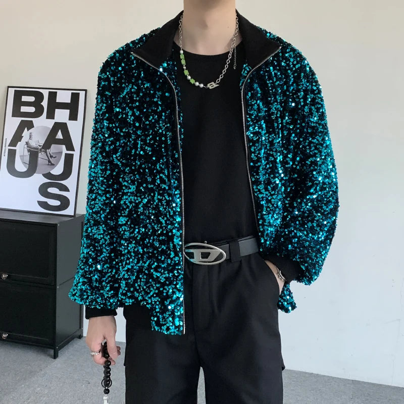 Best Seller: Loose-fitting Men's Long-sleeve Jacket with Blue Circular Sequin Embellishments;Unisex Top for Singers,Dancers, DJs