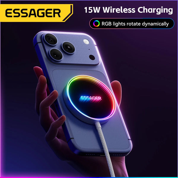 ឆ្នាំងសាកឥតខ្សែ ESSAGER 15W ម៉ាញេទិក RGB សាកថ្មទូរស័ព្ទលឿនសម្រាប់ iPhone 16 15 14 13 Pro សម្រាប់ Macsafe Phone Charging Dock