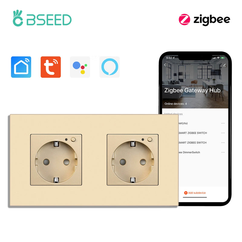 BSEED ZigBee Smart Socket Double Power Outlet Smart Wall Socket Plastic Frame Tuya Google Home Smart Life Control Blue Backlight