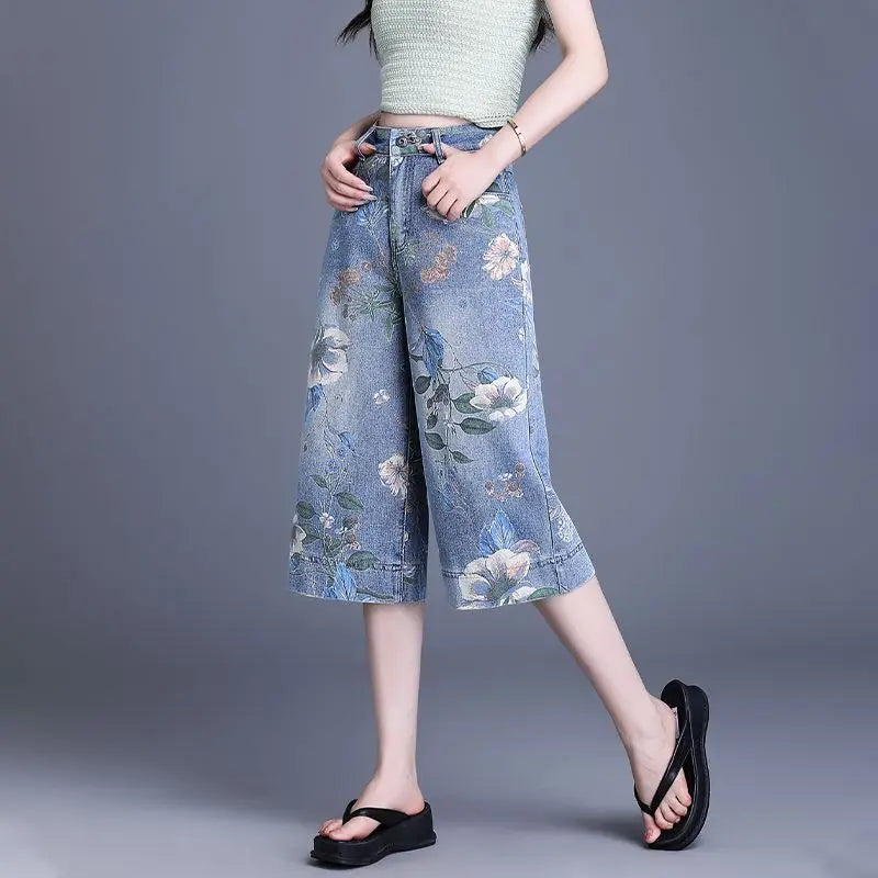 Women's Blue Printed Jeans for Spring and Fall, Blue Denim Shorts for Summer, Asian Sizes S–XXL. 2026-2027