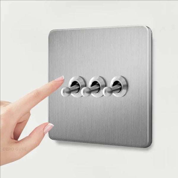 Retro EU France Socket Stainless Steel Brushed Double Power Outlet Toggle Metal Lever 1-4 Gang 2Way Wall Light Switch Panel RJ45