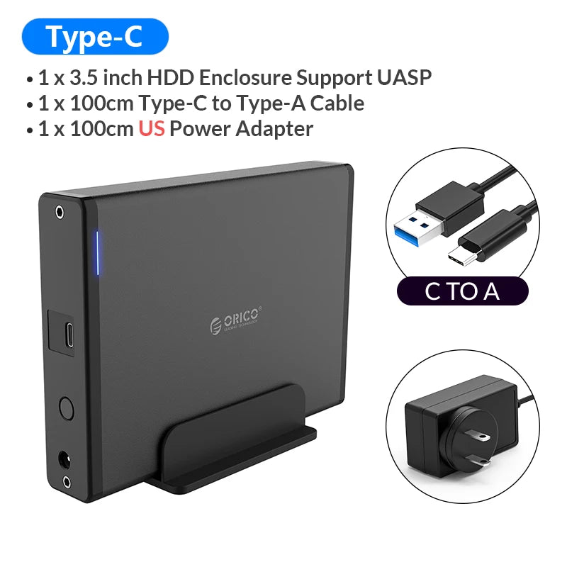 ORICO 3.5 inch HDD Case Type-C & USB3.0  Hard Drive Enclosure SATA  to USB 3.1 External Hard Drive Reader for 2.5/3.5'' HDD