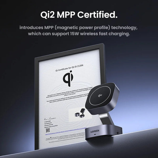 UGREEN Qi2/Qi Magnetic Wireless Charger Stand 15W 2-in-1 Charging Stand For iPhone 16 17 Pro Max/AirPods Fast Charging