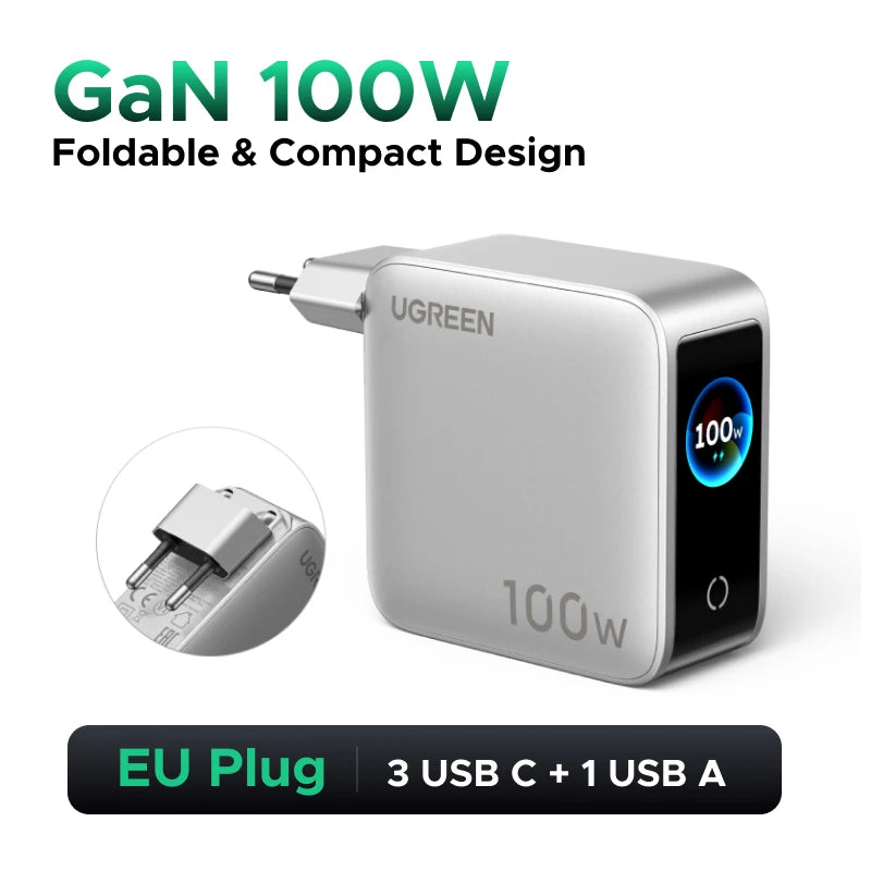 UGREEN 100W GaN Charger With Smart Display EU/UK/US Foldable Plug QC4.0 AVS For Macbook Pro Laptop iPhone 18 17 Pro iPad Samsung