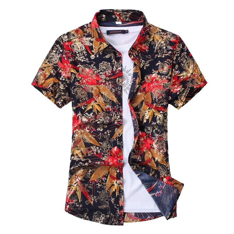 New Summer Collection of Men's Short-sleeve Printed Shirts, Red Single-breasted Button-down Shirts, Asian Sizes M–7XL.
