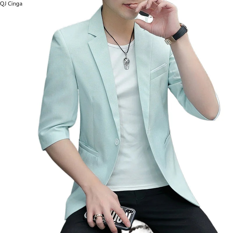 2026 New Thin Section Men's Linen Seven-quarter Sleeve Blazer, Fashionable Slim Summer Jacket, Beige Gray Light Green Optional