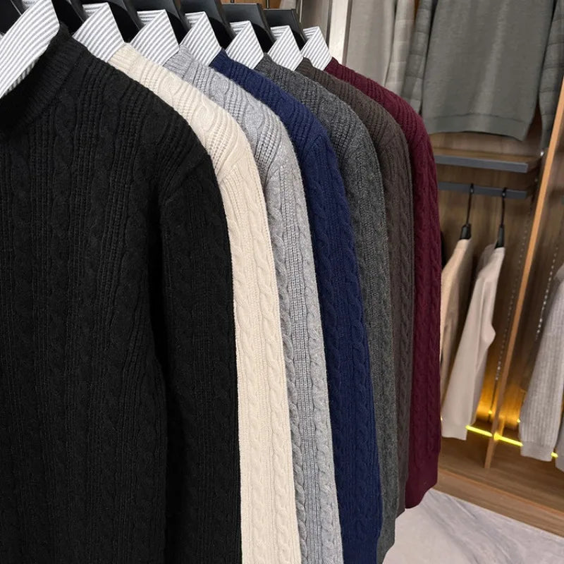 Men's Cable Knit Sweater, Faux Two-Layer Shirt Collar, 550g Wool Blend, 7 Colors Business Casual Knitted Pullover Sweater