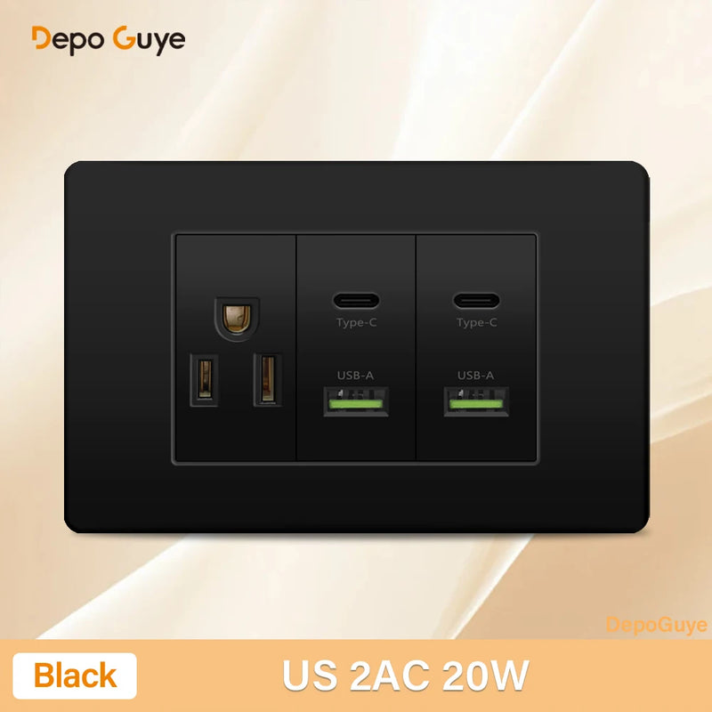 Italy Chile Mexico Outlet with USB Smart Type-c 20W Fast Charging Wall plug,Brazil Electric Light Switch Dual usb Power Socket