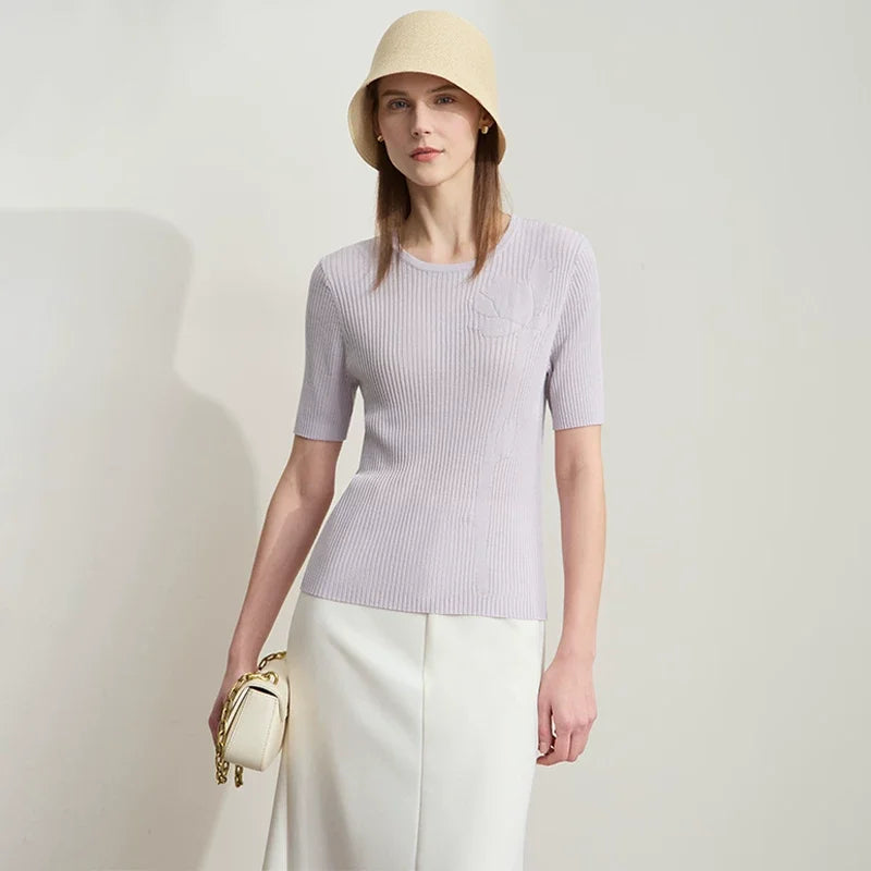 AMII Minimalism Office Lady 2026 Summer Sweater Women Half Sleeve O-Neck Solid Sweaters Fashion Slim Knitted Tees Tops 12552057