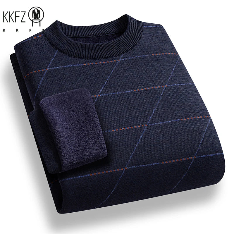 Cold Weather Men Knit Pullover Thick Plush Interior Diagonal Grid Print Design Everyday Casual Long Sleeve Warm Jumper
