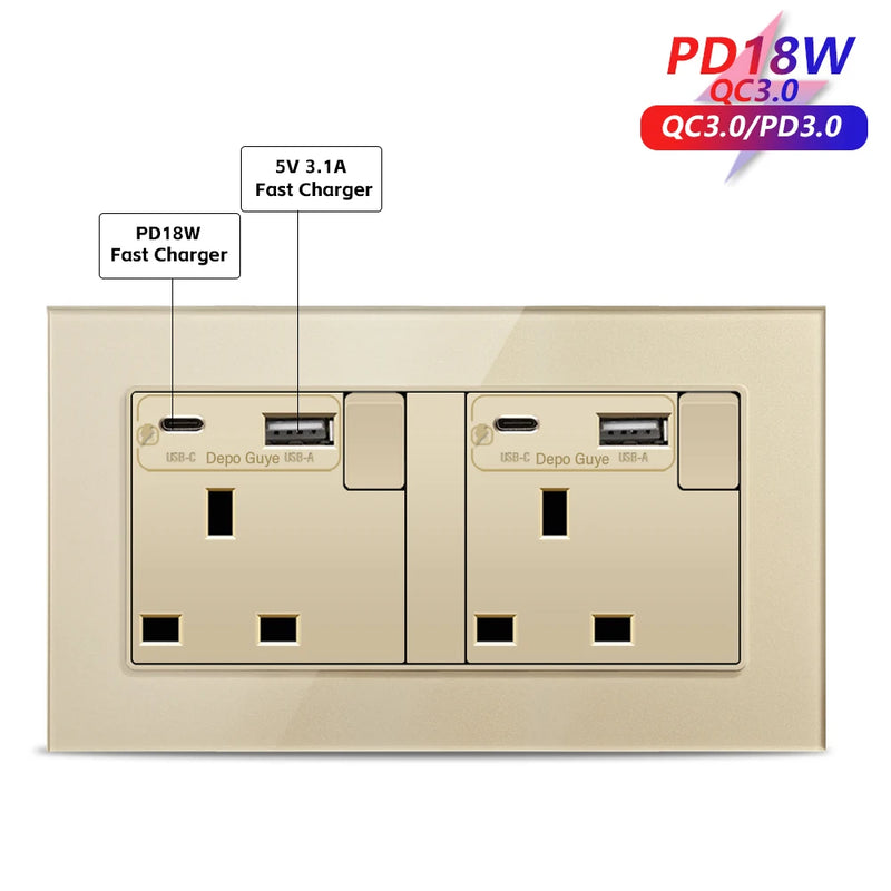 Gold UK 13A Tempered Glass Dual Socket,Universal Power Outlet With USB Type C 18W Quick Charge,Home Light Electric Switch Panel