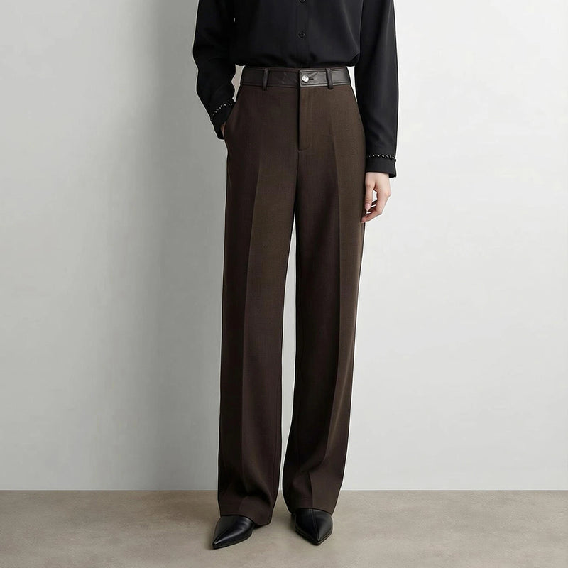 Amii Straight Leg Women Pants Faux Leather Spliced Commuting Autumn New 2026 Comfortable Smooth Drape Pants For Woman 12643011