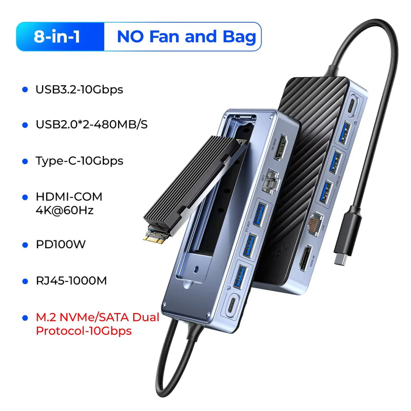 ORICO 10Gbps USB C Display HUB M.2 NVMe SATA SSD Enclosure Dock with Cooling Fan External HDMI-Com RJ45 PD100W Docking Station