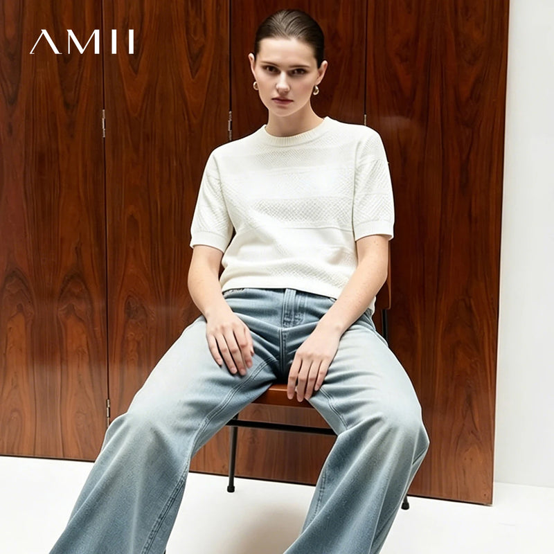 Amii Women's Sweater 2026 Summer New O-Neck Short Sleeve Loose Fit Cropped Knit Top Casual Pullover Knitwear For Women 12642094