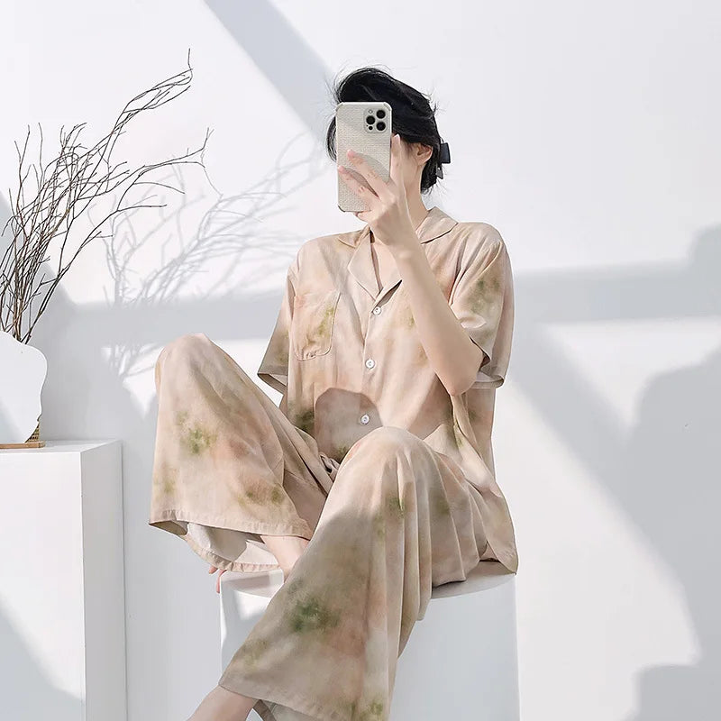 Floral Pajamas Woman Summer Night Wear Ladies 2 Piece Pijama Cardigan Lapel Short Sleeve Homewear Loungewear Home Suit 2026 New