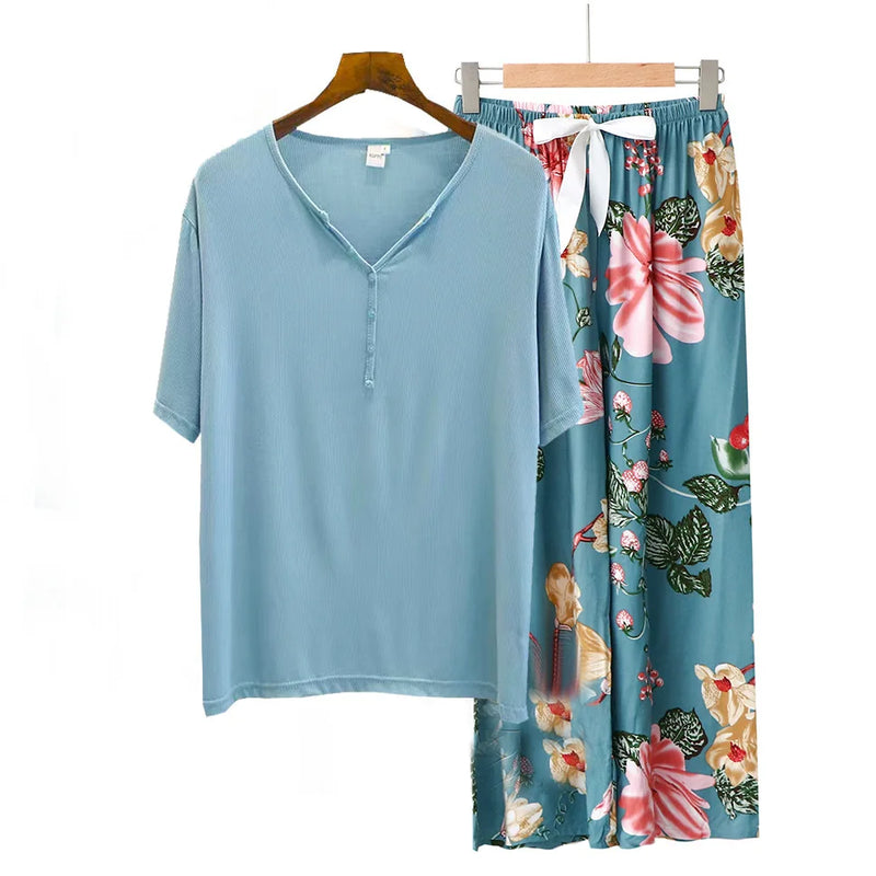 Spring Summer Threaded Modal Knitted V-neck Short Sleeve Sleepwear Women Loose Home Pajama Set Print Nightwear Pijama Suit