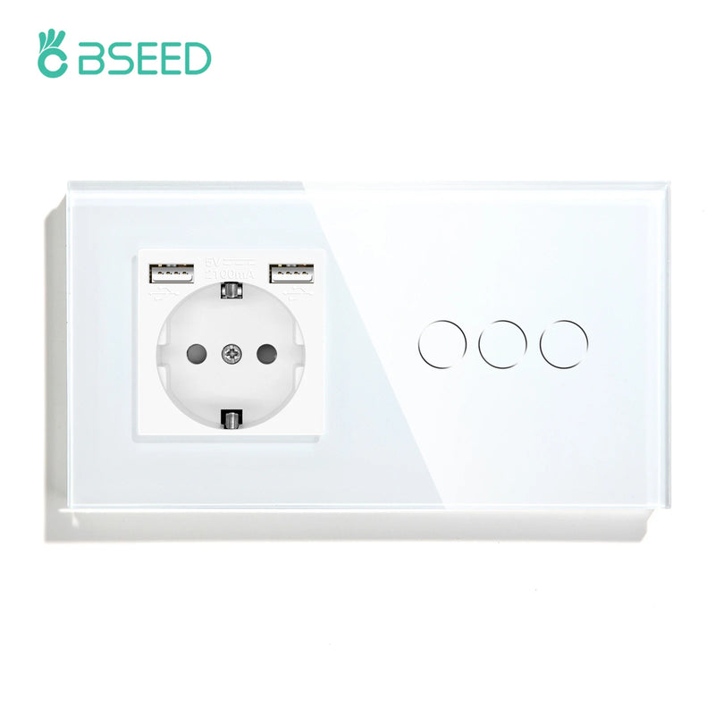 BSEED Wall Electrical Socket With 1/2/3Gang 1Way Touch Light Switch USB Type-c Charge Power Outlet Glass Panel White Wall Switch