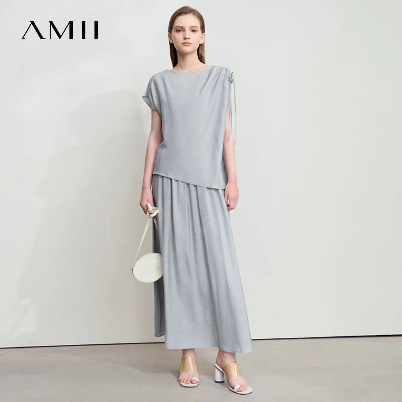 អាវ Amii Minimalism Chiffon ពាក់កណ្តាលសំពត់សម្រាប់នារី រដូវក្តៅឆ្នាំ ២០២៥ អាវថ្មីមូលដ្ឋានពណ៌រឹង លក់ដាច់ដោយឡែក សំពត់បត់ផ្នត់ 12552059