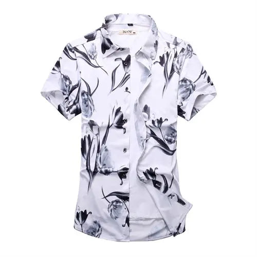 2026 Summer Men's White Short-Sleeved Printed Shirt, Blue Single-Breasted Lapel Shirts, Asian Sizes M-7XL.