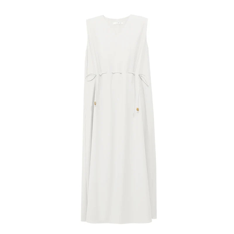 Amii V Neck Women's Dress 2026 Summer New Sleeveless Loose Drawstring Simple Office Casual A-Line Midi Dress For Women 12642155