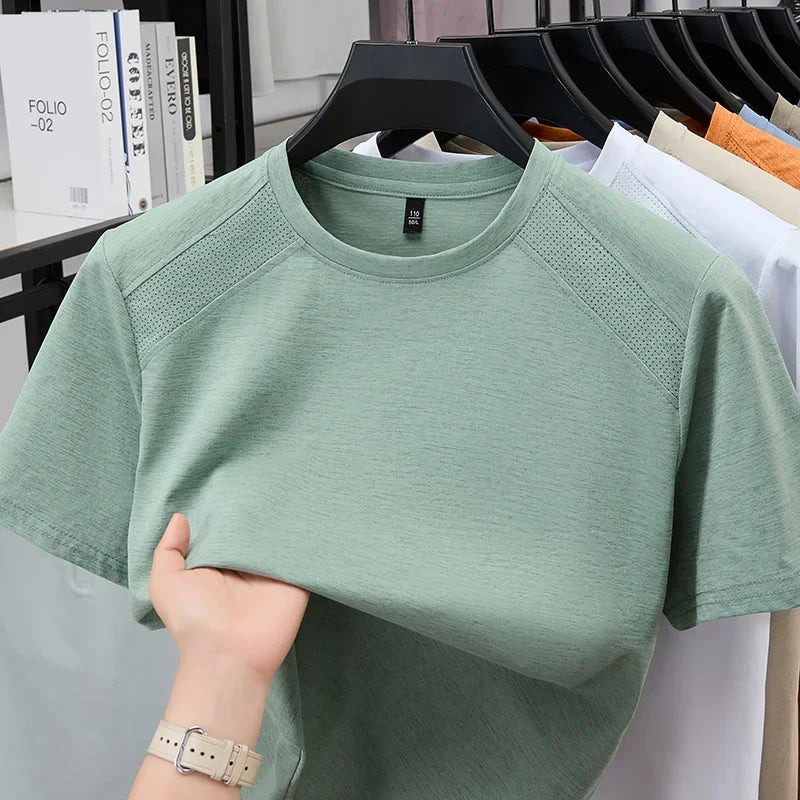 All Season Basic Solid Male Short Sleeve T Shirt Mesh Spliced Shoulder Home Rest Daily Commute Leisure Garment