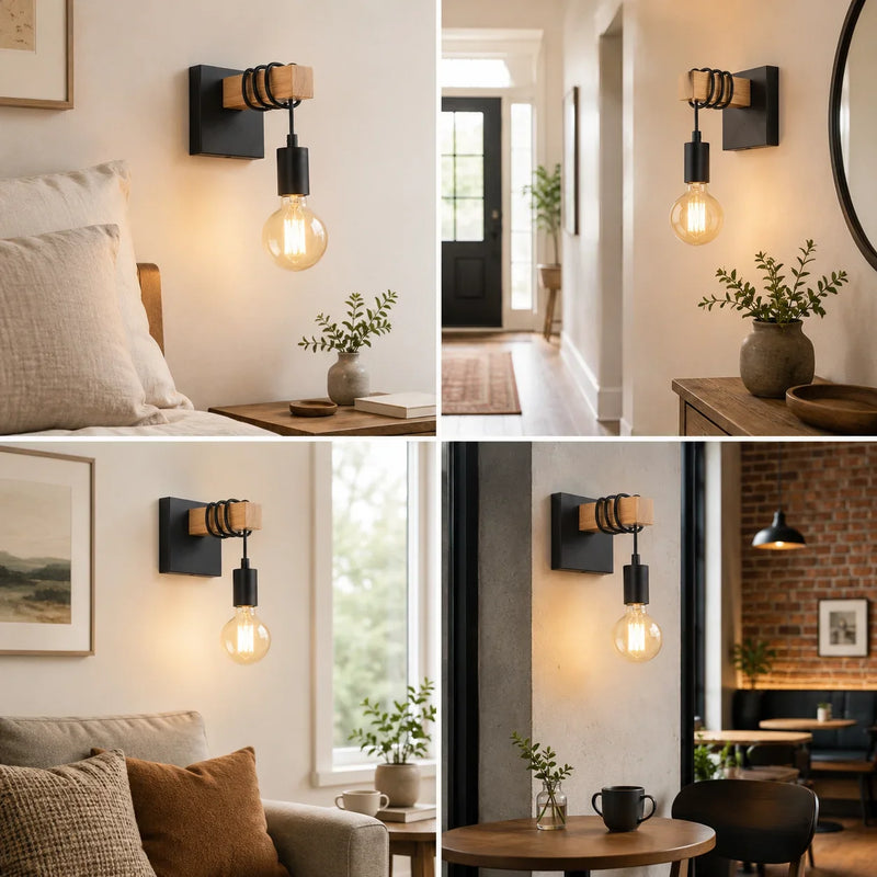 JOYINLED Vintage Wooden Wall Lamp 1/2PCS Rustic E27 Wall Sconce Indoor Lighting Fixture for Living Room Bedroom Stair Hallway