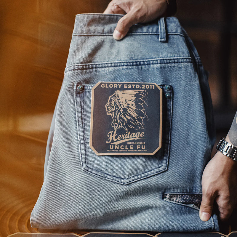 Maden Men‘s Vintage Boro Patchwork Parachute Jeans Ripped Distressed Wide Leg Denim Pants Loose Fit Heavyweight Casual Trousers