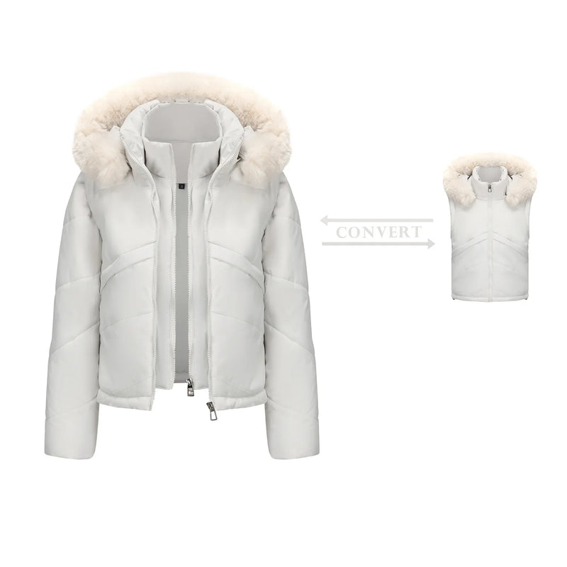Winter New Women's Faux Two-piece Hooded Thick Coat, Brown Jacket with Detachable Sleeves, Street Style Black Cropped Parkas.