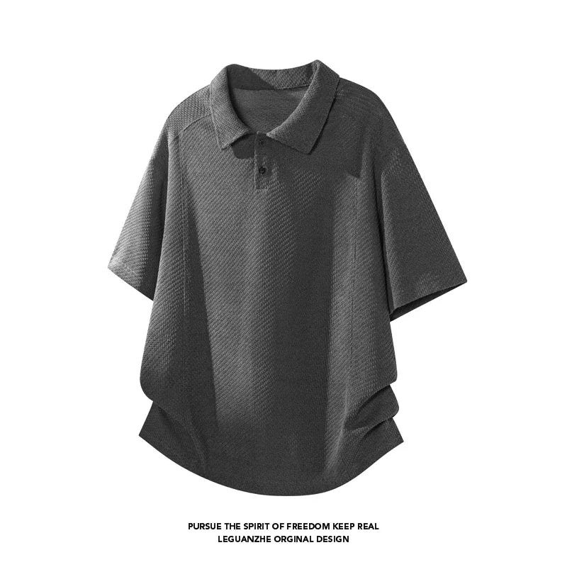Mens Honeycomb Textured Polo Top Short Sleeve Lapel Neck Button Detail Loose Fit For Outdoor Leisure And Travel Outfit